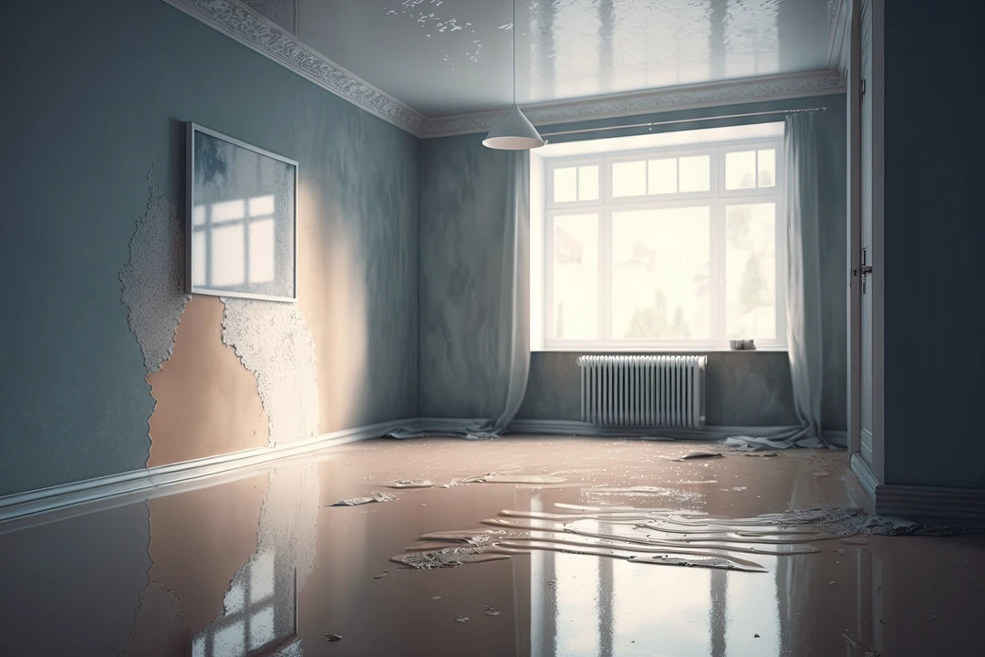 Interior of a sparsely furnished room with severe water damage, showing a flooded floor and peeling paint on the walls